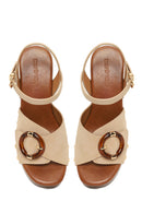 Woman Beige Buckled Ankle Platform Chunky High-Heel Suede Sandals | Derimod