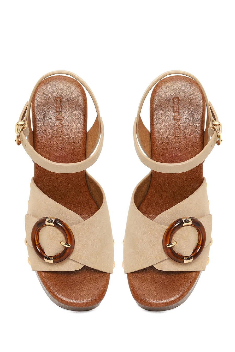 Woman Beige Buckled Ankle Platform Chunky High-Heel Suede Sandals