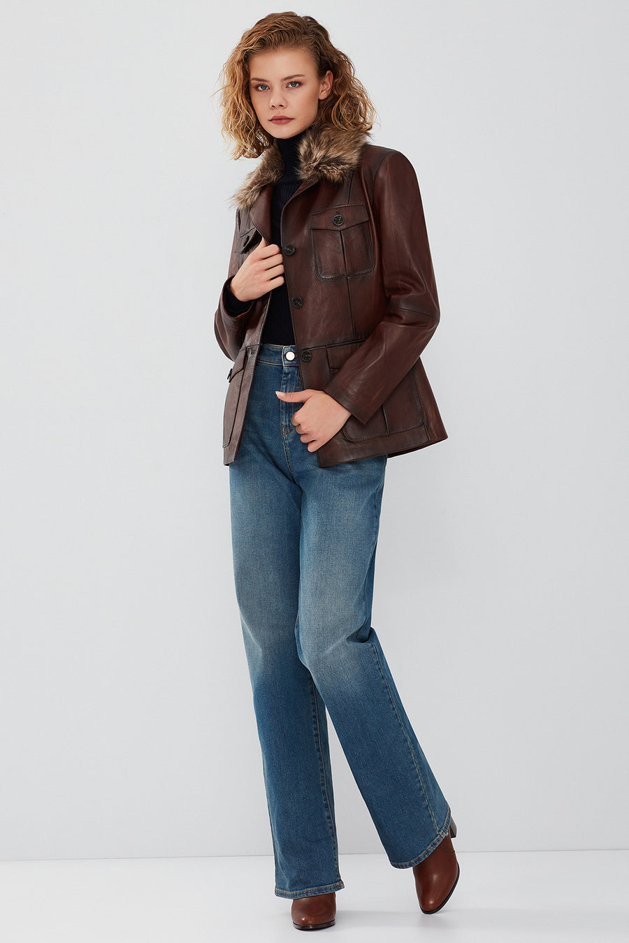 Anais Women's Brown Fur Collar Blazer Leather Jacket