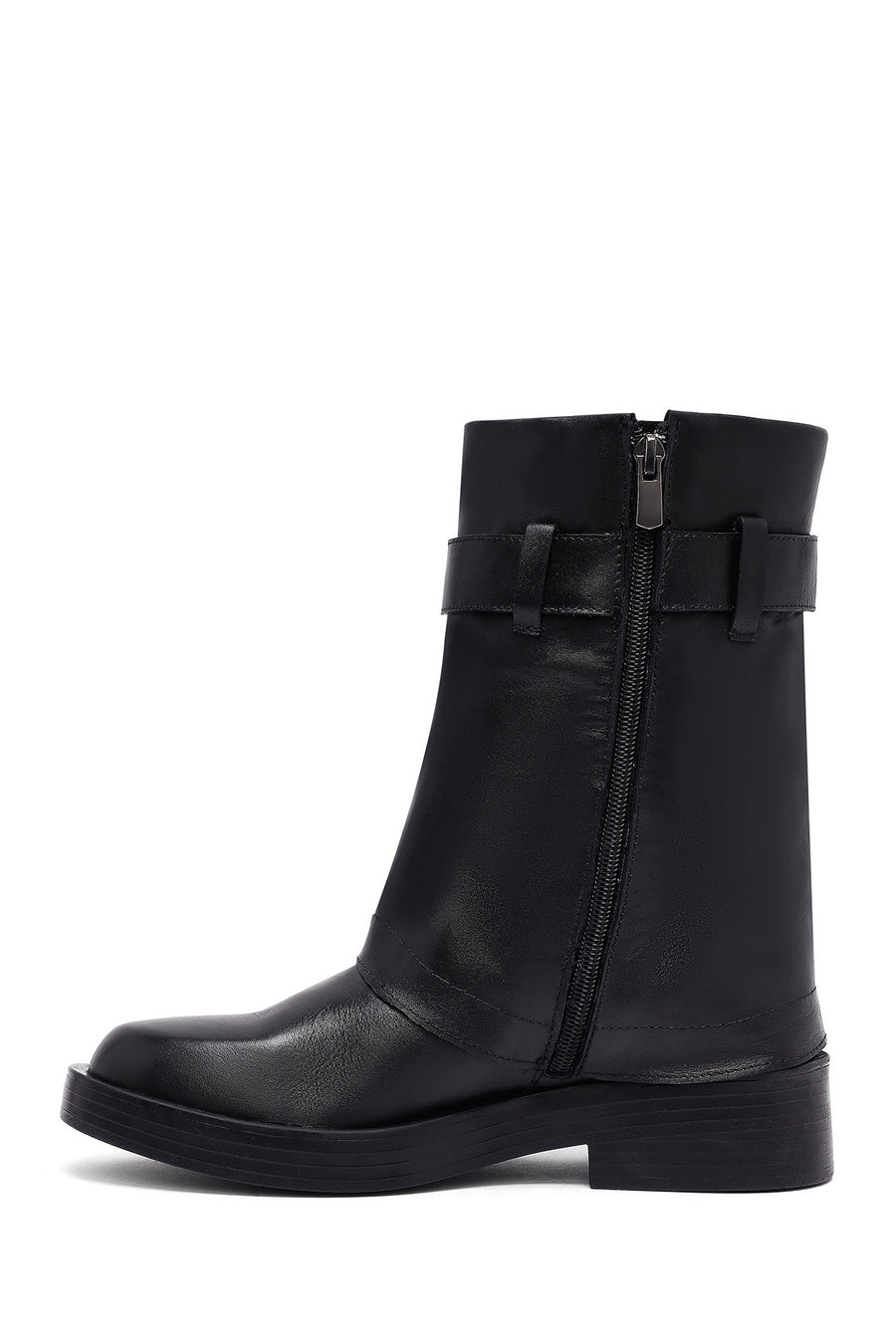 Women's Black Buckled Biker Leather Boot