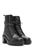 Women's Black Zippered Accessory Detailed Thick Heeled Leather Combat Boots | Derimod