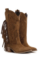 Women's Tan Suede Leather Heeled Cowboy Boots | Derimod