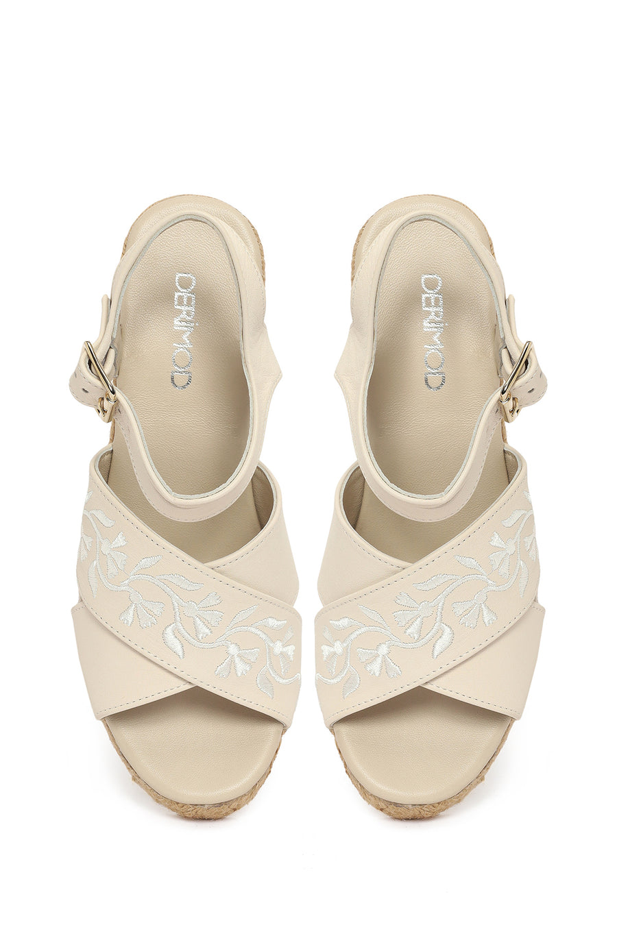 Woman Cream Ankle-Buckle Wedge-Heel Leather Espadrille Sandals