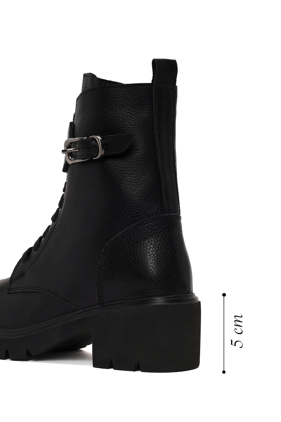 Woman Black Zip Closure Thick-heeled Leather Combat Boots