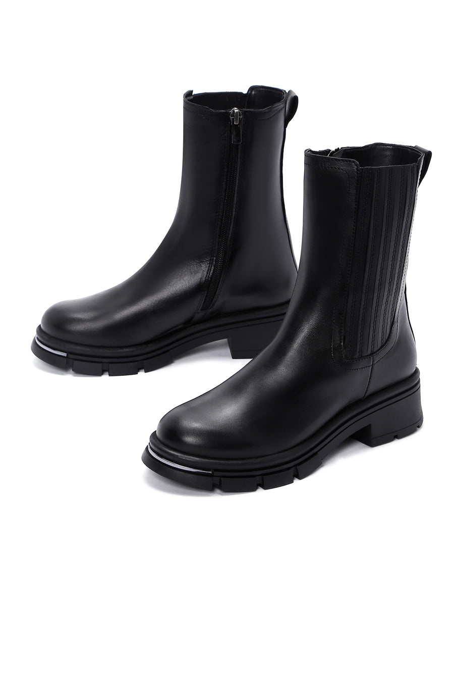 Woman Black Zippered Thick Sole Leather Boat