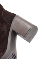Woman Brown Zippered Chunky Heel Suede Leather Boot | Derimod