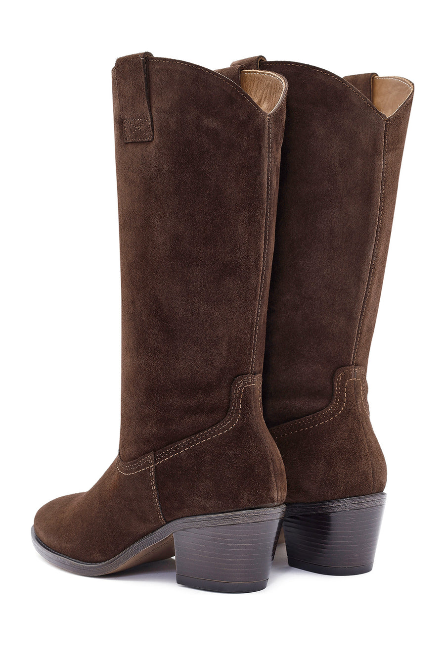 Women's Brown Chunky Heel Suede Leather Cowboy Boots