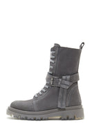Women's Gray Suede Leather Buckle Flat Boots | Derimod