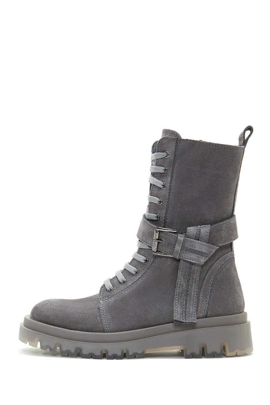 Women's Gray Suede Leather Buckle Flat Boots