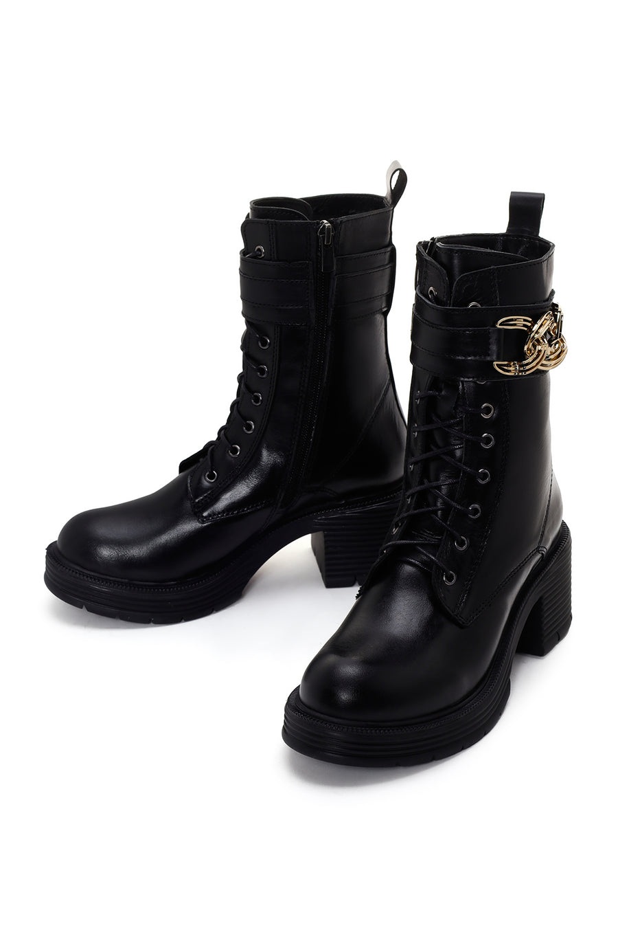 Women's Black Zipper Heeled Leather Boots