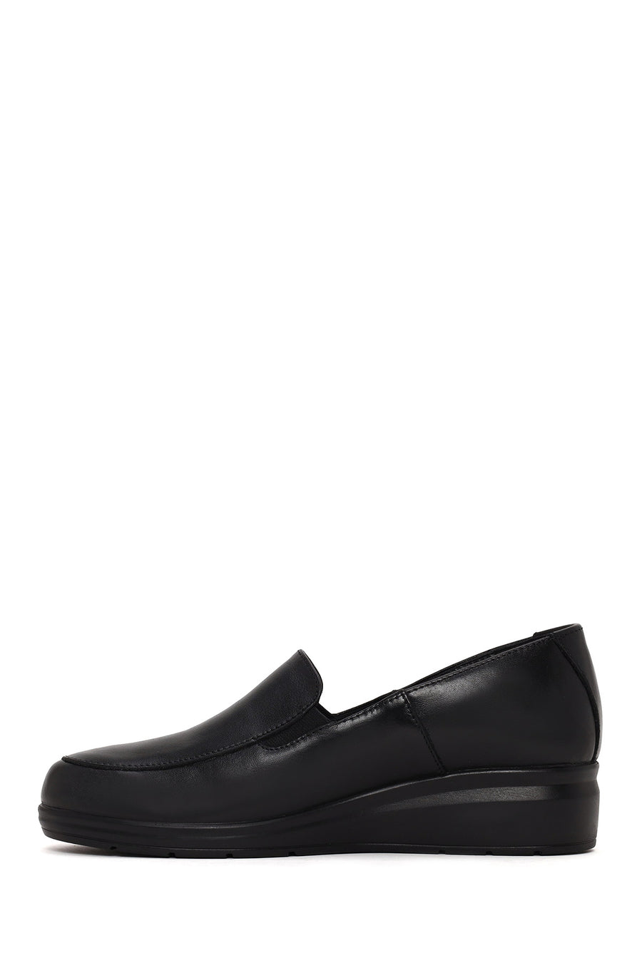Woman Black Short Wedge-Heel Leather Comfort Shoes