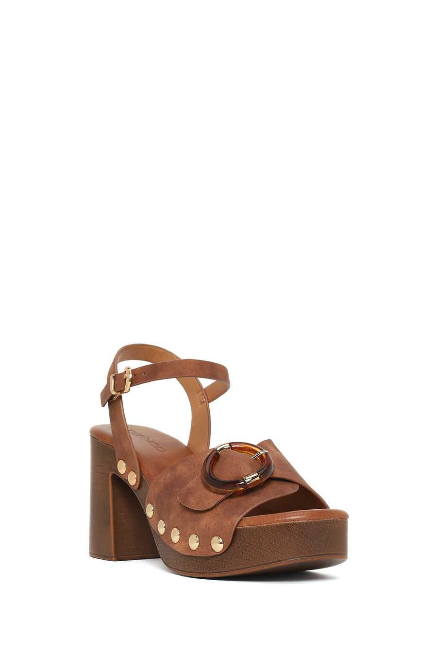 Woman Brown Ankle-Buckle Platform Chunky High-Heel Suede Sandals