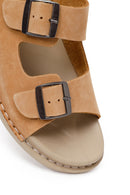 Woman Beige Double-Buckle Leather Comfort Slipper | Derimod