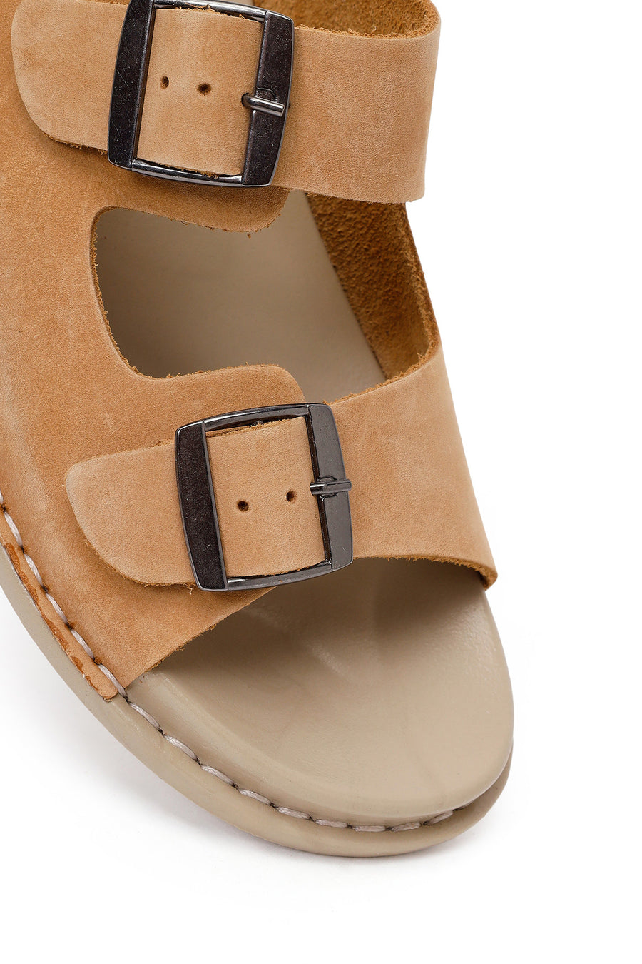 Woman Beige Double-Buckle Leather Comfort Slipper