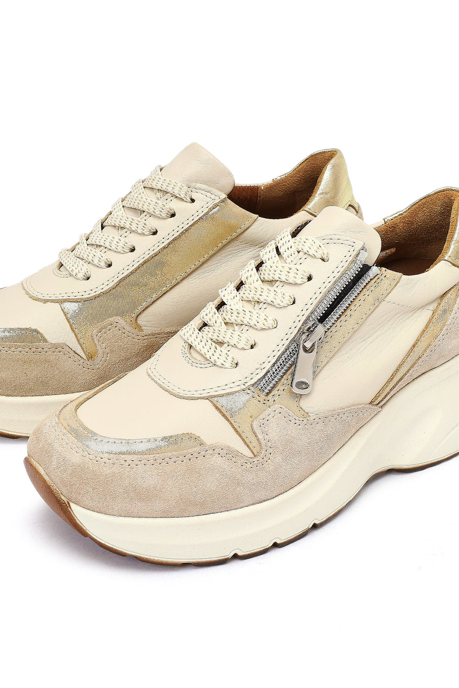Woman Beige Lace-Up Zipper Detailed Wedge Heels Leather Sneakers