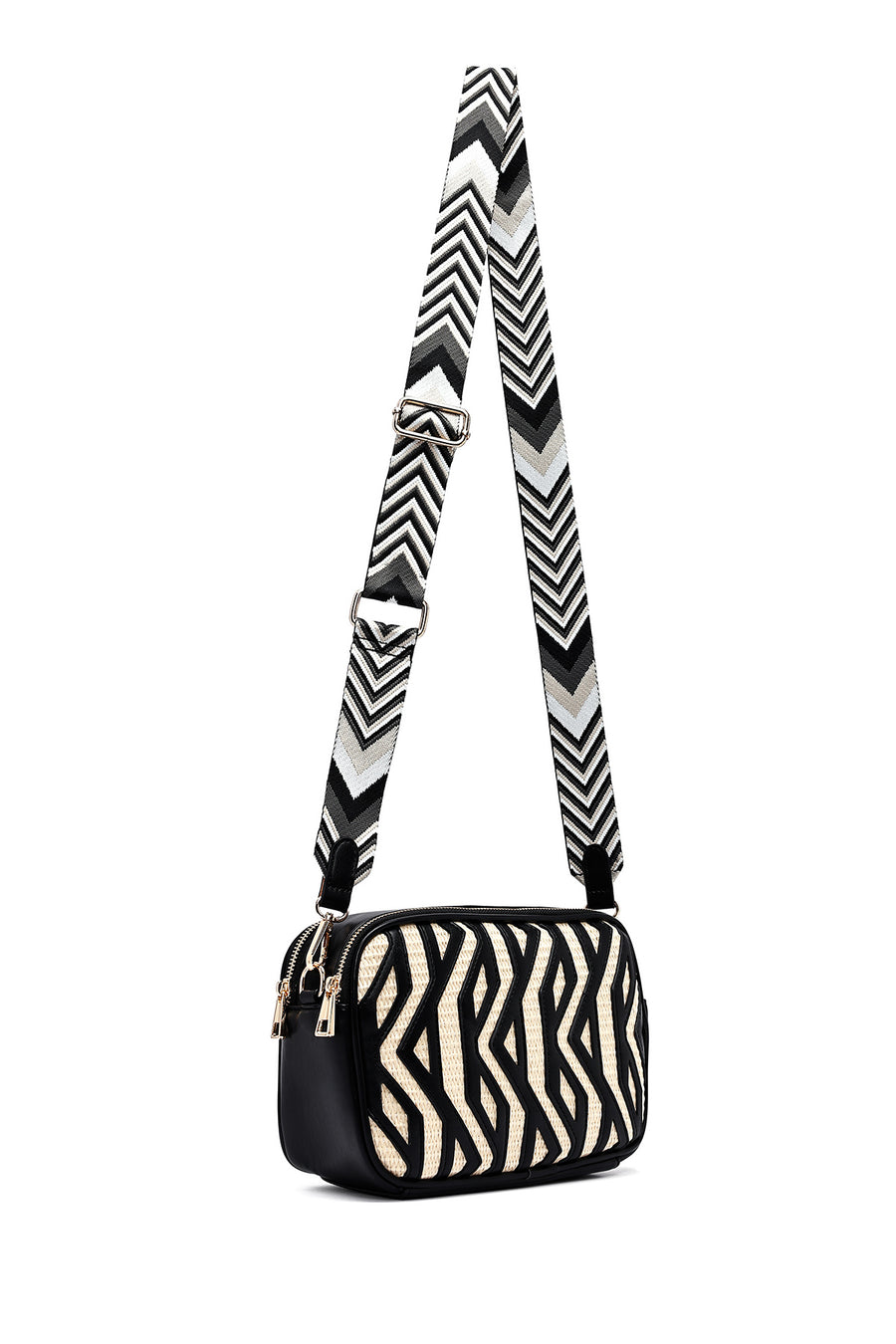 Women's Black Long Strap Patterned Crossbody Bag
