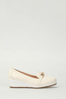 Beige Women's Leather Loafer with Wedge Heels | Derimod
