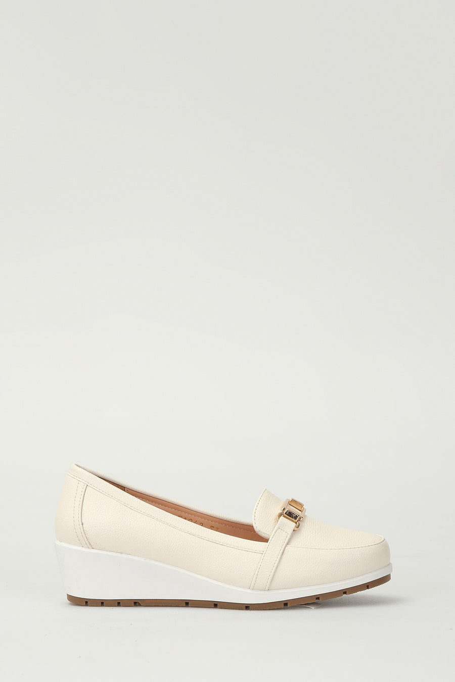 Beige Women's Leather Loafer with Wedge Heels