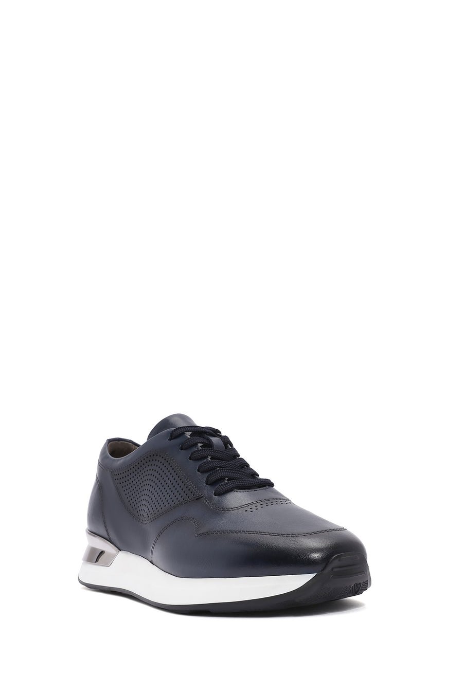 Men's Navy Blue Lace-up Thick-Sole Leather Sneaker