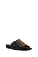 Women's Black Stoned Leather Slippers | Derimod