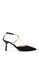 Women's Black Ankle Strap Thin Heel Suede Leather Shoes | Derimod