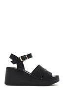 Women's Black Ankle Strap Wedge Heel Leather Sandals | Derimod