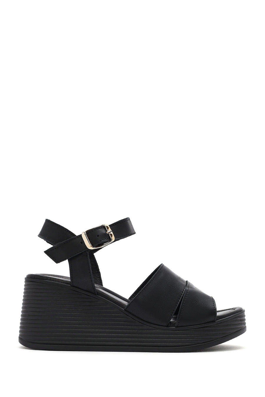 Women's Black Ankle Strap Wedge Heel Leather Sandals 26SFD180918 | Derimod