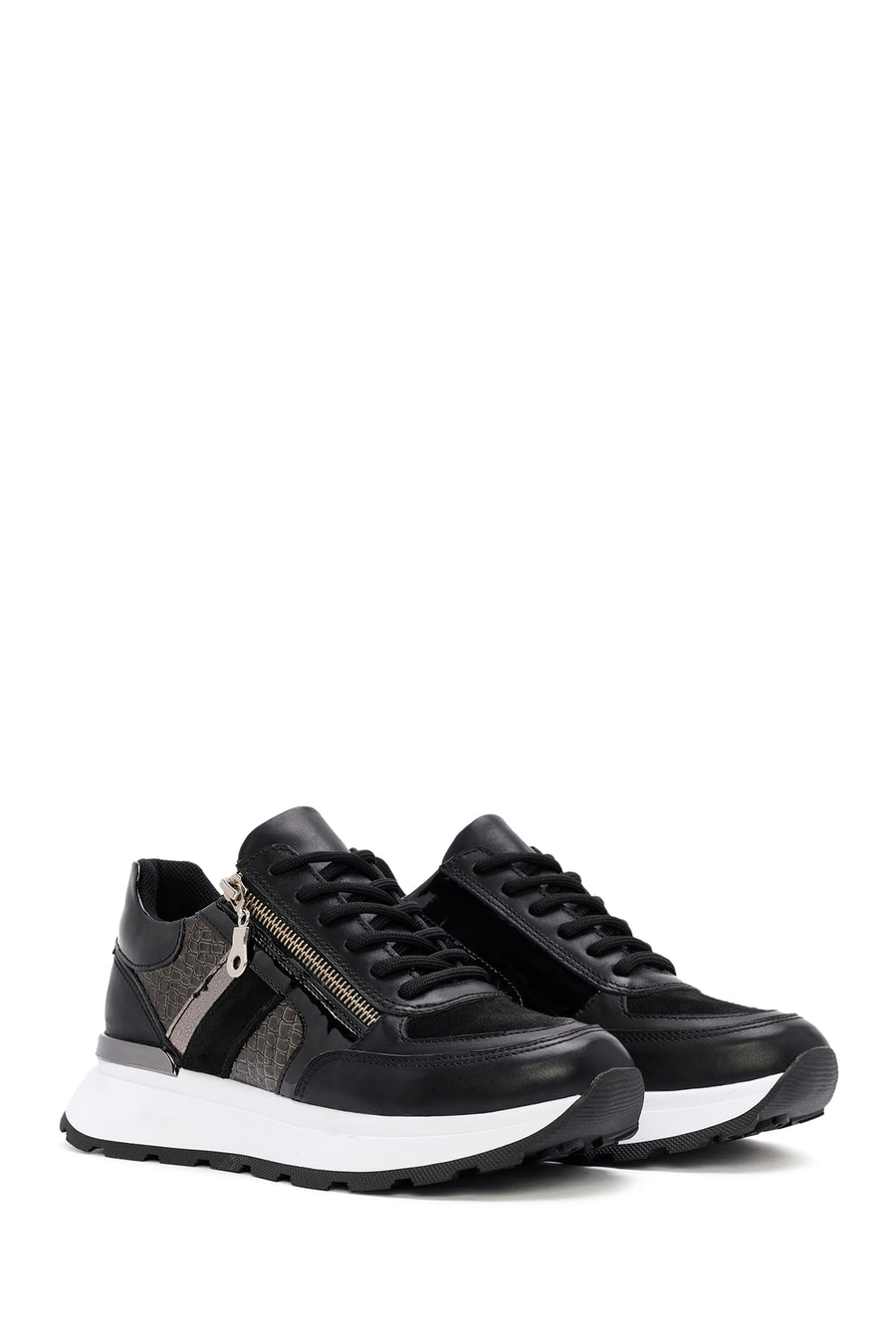 Women's Black Thick-Soled Zippered Leather Sneakers