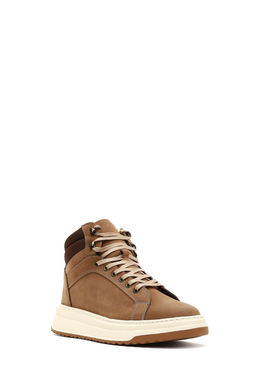 Men's Beige Lace-Up Thick-Soled Nubuck Leather Sports Boots