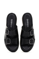 Women's Black Thick Sole Buckle Leather Slippers | Derimod