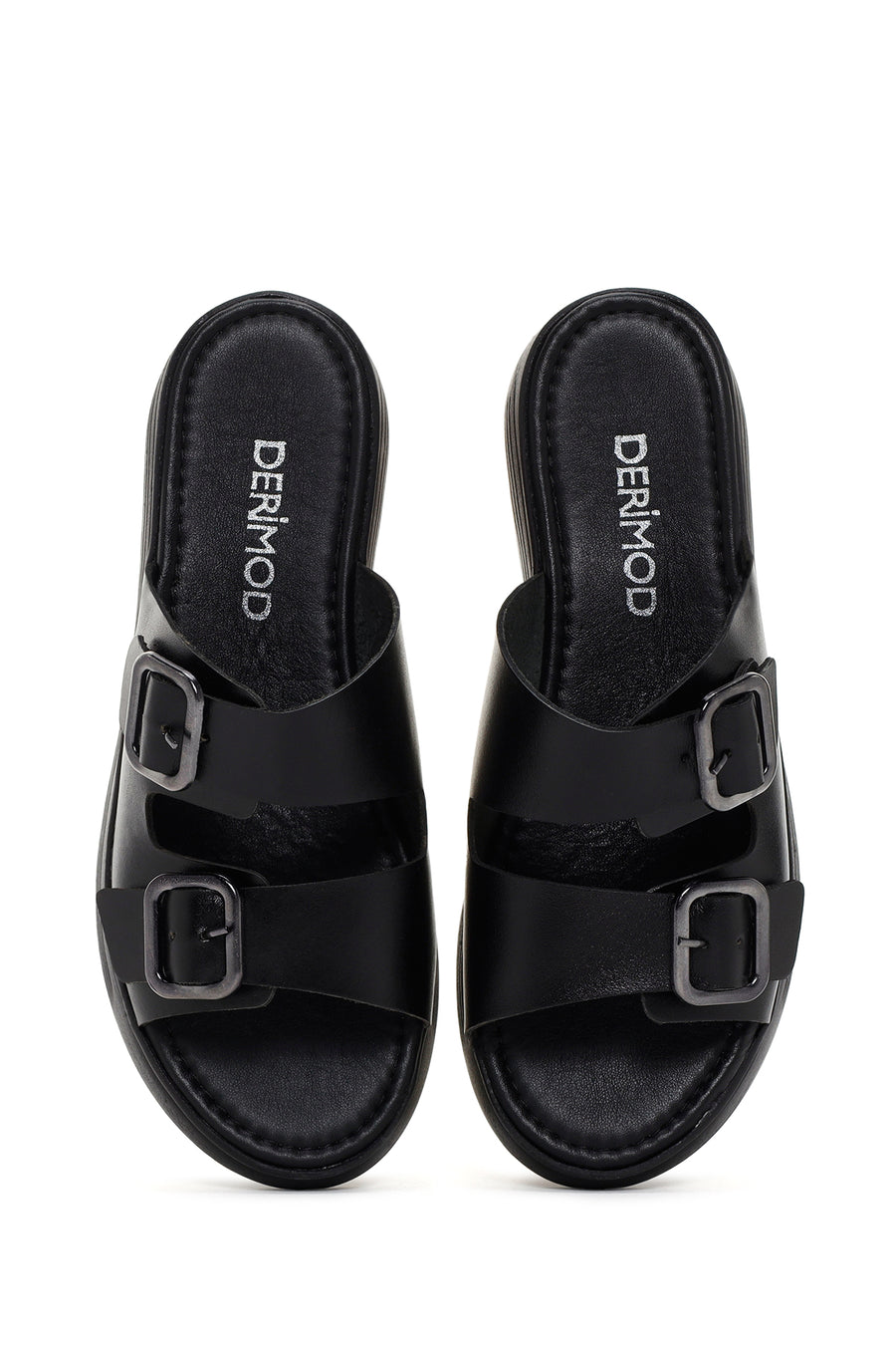 Women's Black Thick Sole Buckle Leather Slippers