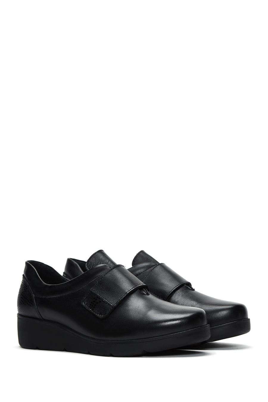 Women's Black Leather Comfort Wedge Heeled Shoes