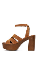 Women's Tan Ankle Buckle Thick High Heel Suede Leather Sandals | Derimod