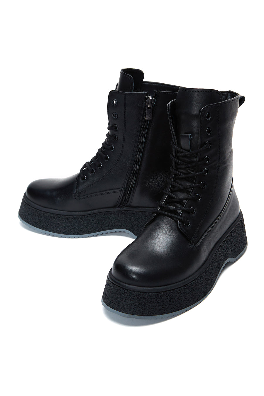 Women's Black Leather Zippered Thick Soled Leather Boots