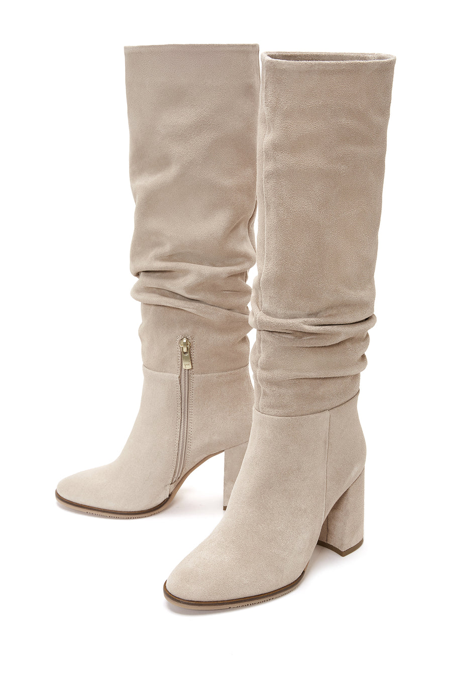 Women's Grey Zippered Chunky Heel Suede Leather Boots