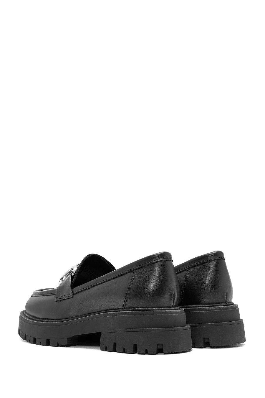 Women's Black Buckle Detailed Leather Masculine Loafer
