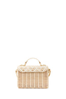 Woman Beige Long-Strap Stone-Embellished Woven Mini Crossbody Bag | Derimod