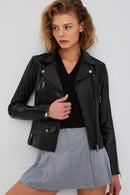 Bella Women's Black Slim-Fit Biker Leather Jacket | Derimod