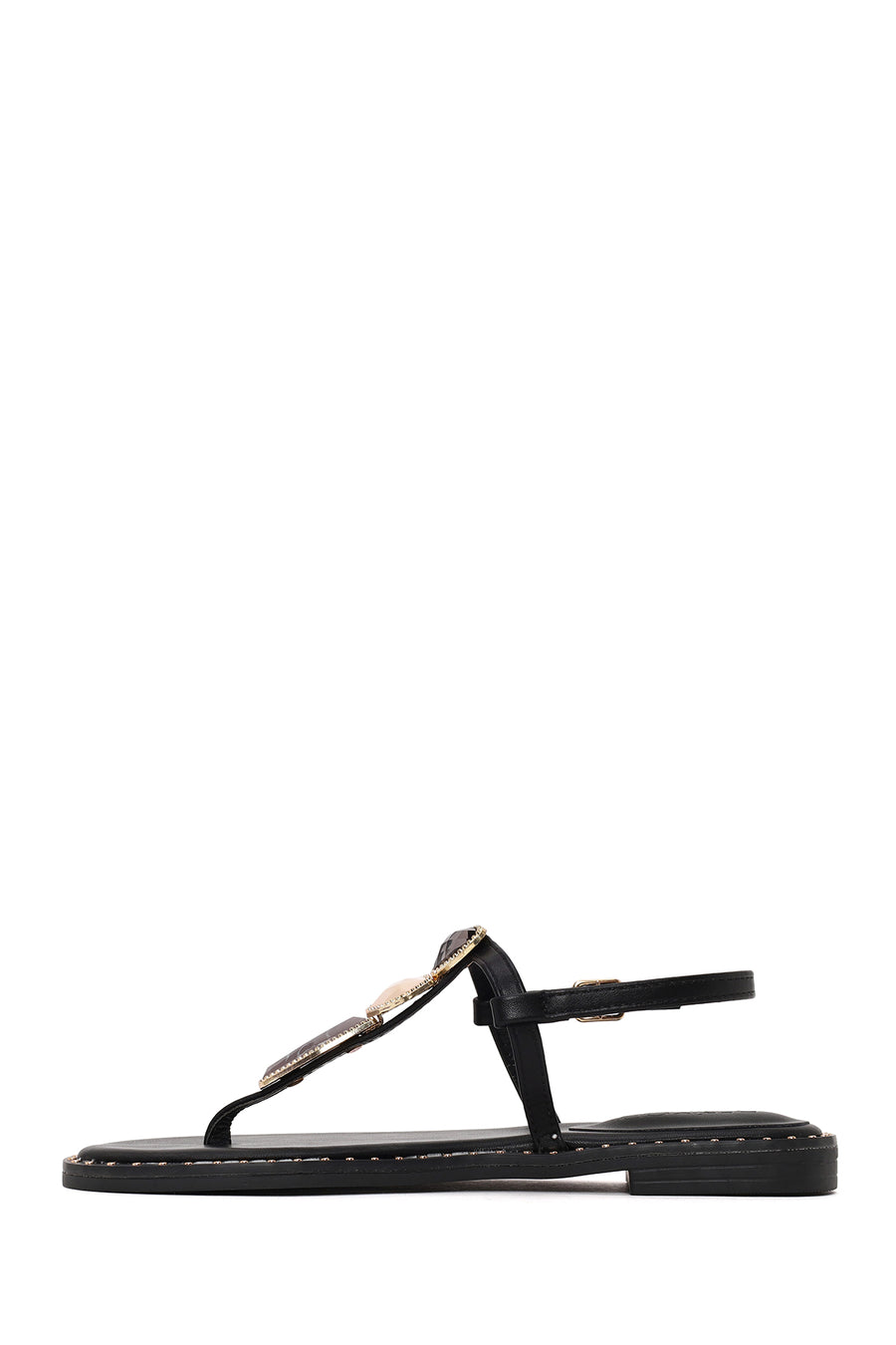 Woman Black Ankle-Buckle Embellished Toe-Post Sandal