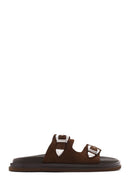 Woman Brown Double-Buckle Suede Slipper | Derimod
