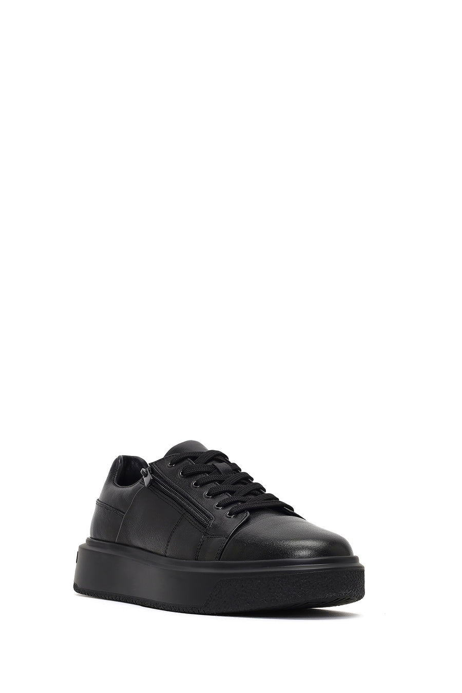 Men's Black Lace-Up Thick-Soled Leather Sneaker