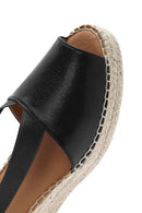 Women's Black Wedge Heeled Leather Espadrille Sandals | Derimod