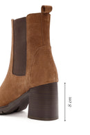 Women's Tan Thick Heeled Suede Leather Chelsea Boots | Derimod
