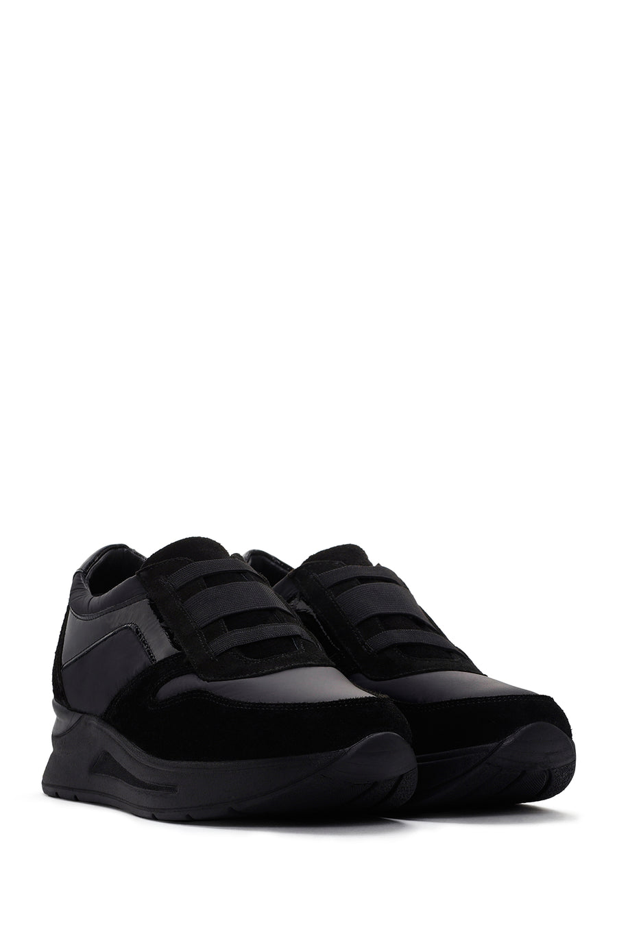 Women's Black Thick Soled Leather Sports Shoes