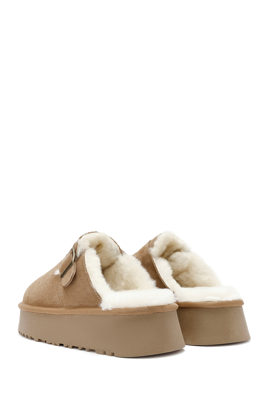 Women's Camel Thick-Soled Fur Detailed Suede Leather Slippers