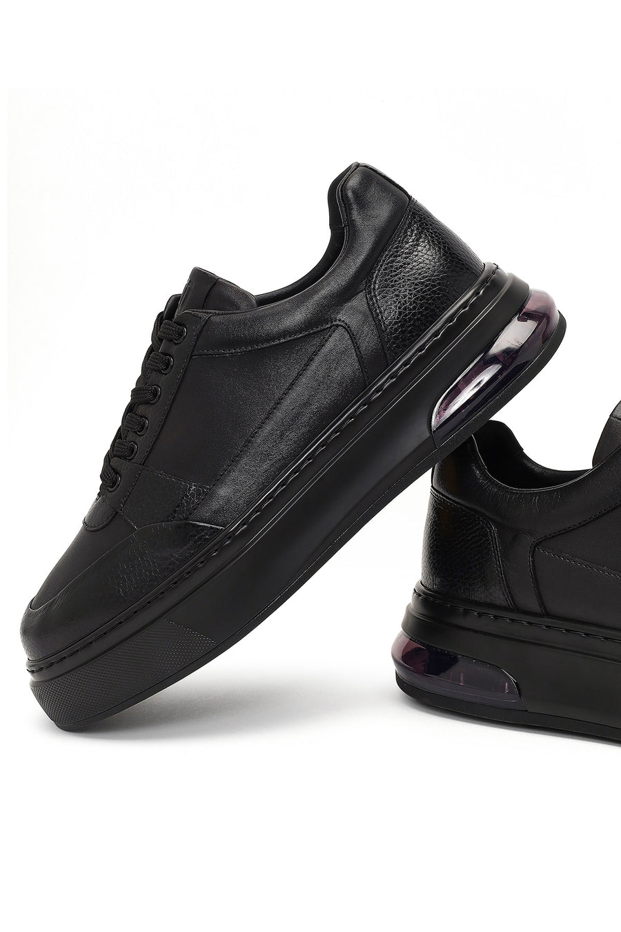 Erkek Siyah Bağcıklı Kalın Tabanlı Deri Sneaker
