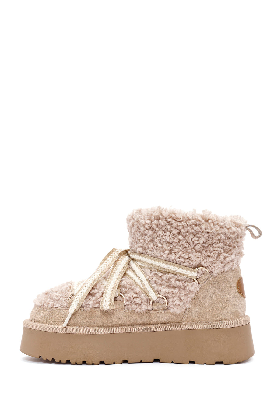 Women's Beige Thick-Soled Fur-Lined Leather Boots