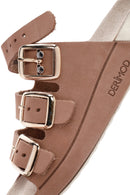 Women's Beige Buckled Nubuck Leather Comfort Slippers | Derimod