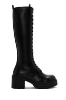 Women's Black Lace-Up Zipper Detailed Thick Heeled Leather Boots | Derimod