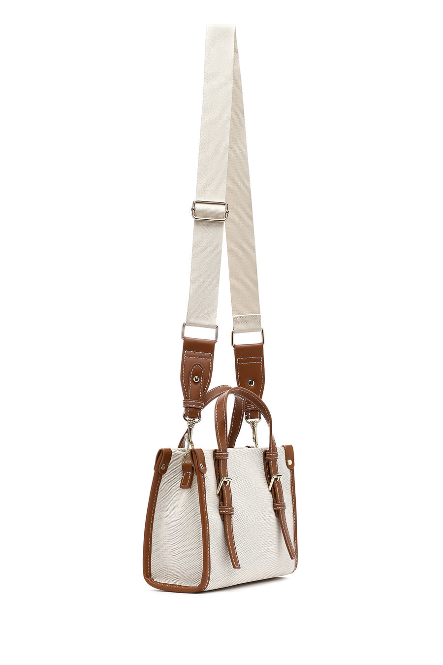 Women's Beige Long Strap Fabric Crossbody Bag